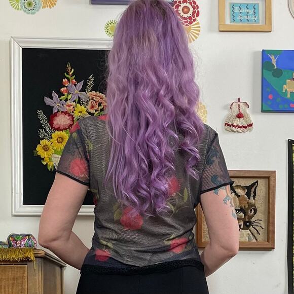 Vintage Rose Print Mesh Tee, 1990s Black & Red Fishnet Top by Hanky Panky, Sz L - Picture 7 of 15